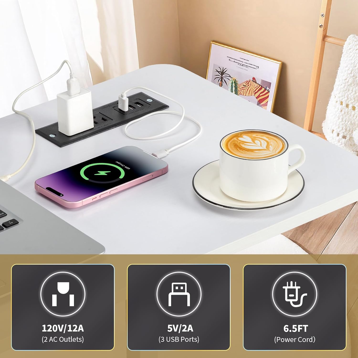 Wooden Adjustable Height Portable Laptop Desk,Mobile Rolling Computer Desk,Sofa Bedside Laptop Table,Home Office Laptop Workstation,with Power Outlets,for Small Spaces, Bedroom, Apartment (White)