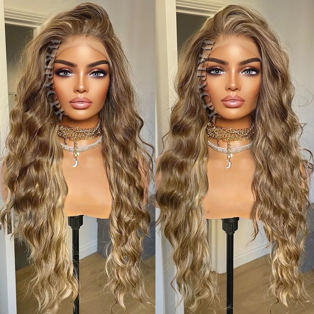 Blonde Highlight Lace Front Synthetic Wig Light Brown Hair Mixed Blonde Balayage 13x4 HD Lace Front Wigs Pre Plucked 24 Inch Long Loose Wave Wig Heat-Resistant & Beginner-Friendly