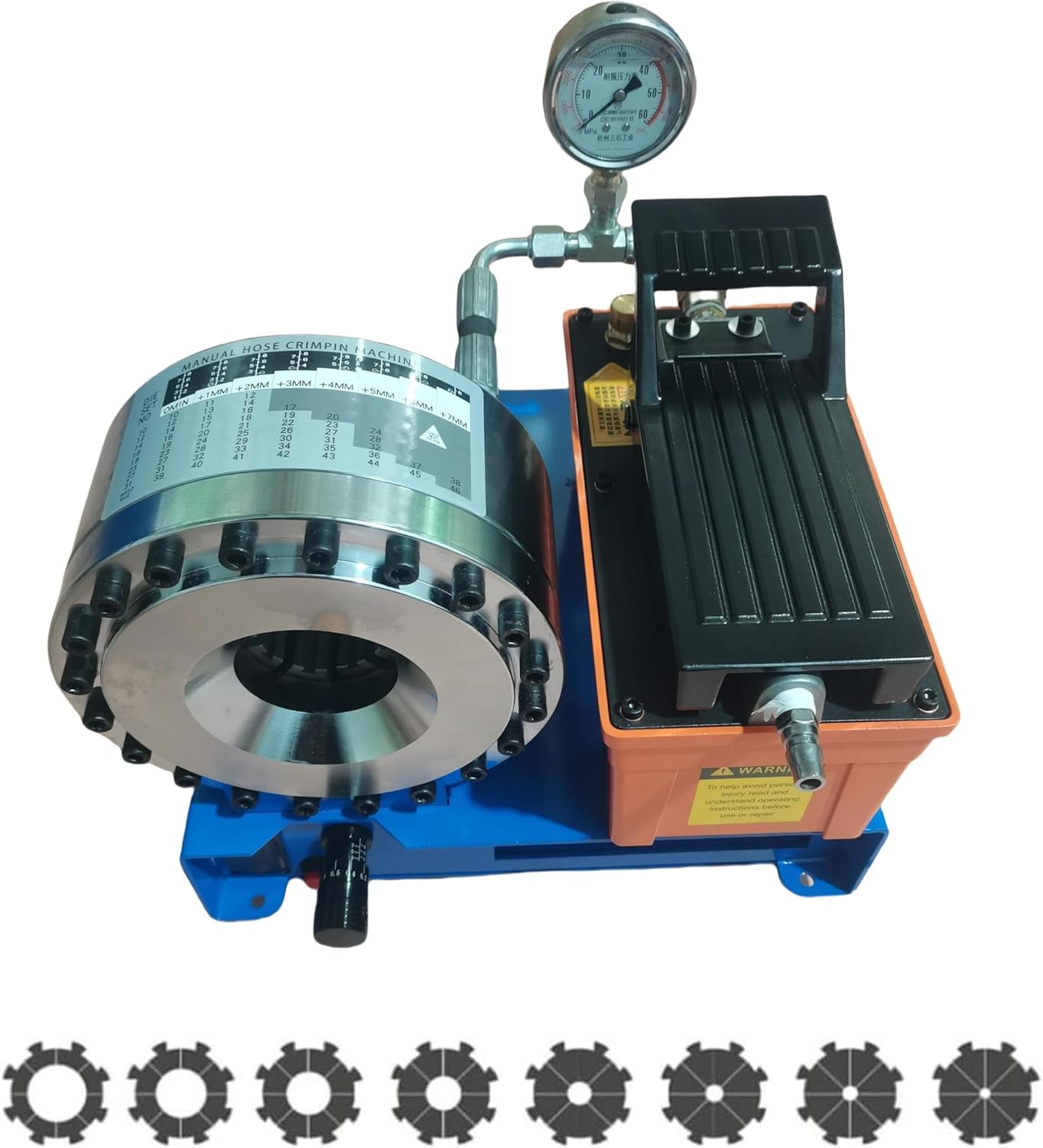 Pneumatic Hydraulic Hose Crimping Machine with 8 Sets of Dies, 40MPa System Pressure, suitable for high-pressure hydraulic hoses and pipes (Orange).
