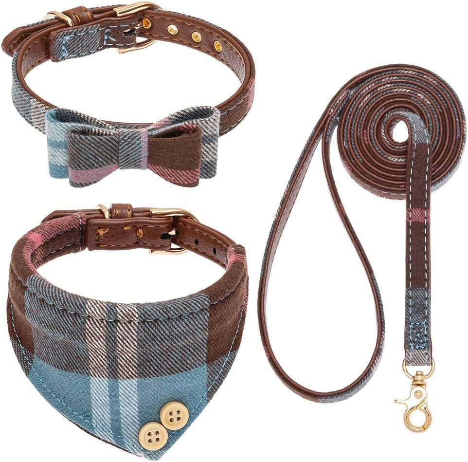 Image of EXPAWLORER Dog Leash and Collar Set - Cute Plaid Dog Bow Tie and Dog Bandana Collar, Dog Leash Tangle Free, Adjustable Collars for Small Medium Large Dogs, Holiday Ideal Gift, Blue M