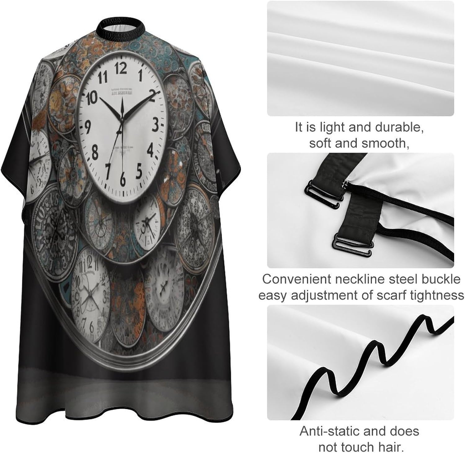 Clock Art Apron for Women Men,Barber Cape with Adjustable Snap Closure,Hair Cutting Cape,66.9 X 56.7 Inches for Hair Dye, Comb-out, Styling, Shampoo