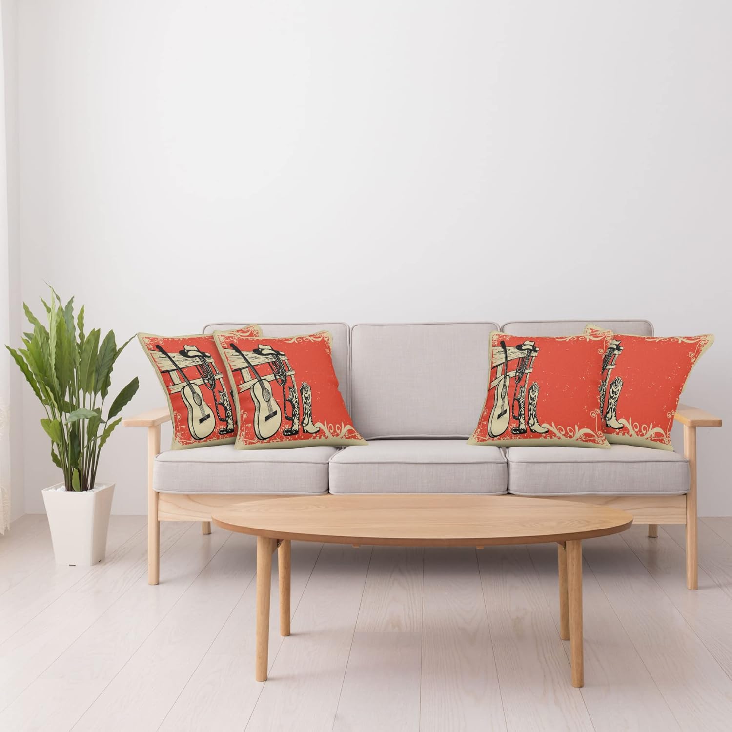 Ambesonne Western Decorative Throw Pillow Case Pack of 4, Image of Wild West Elements with Country Music Guitar and Cowboy Boots Retro Art, Cushion Cover for Couch Living Room Car, 20", Orange Beige