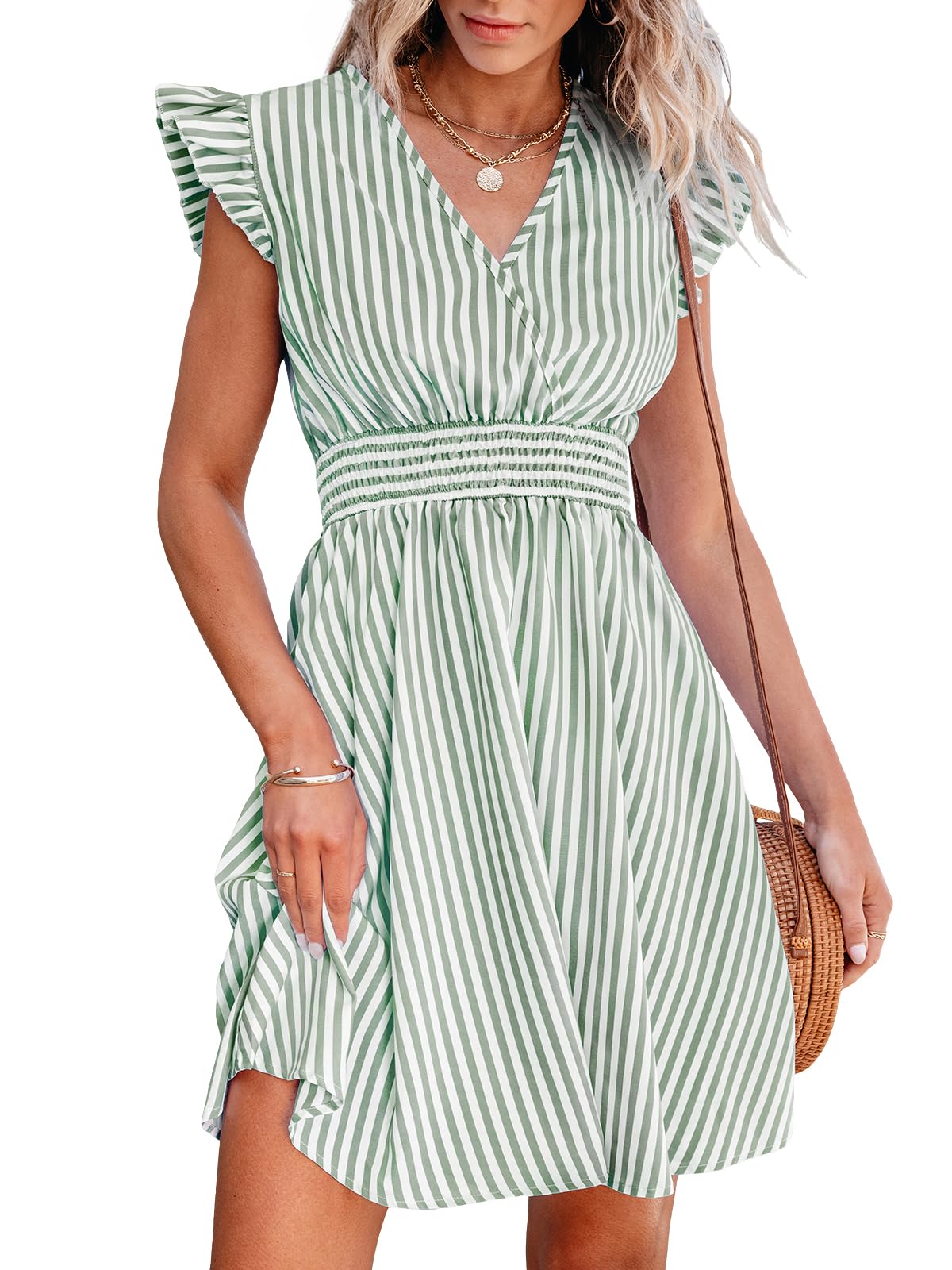 CUPSHE Damen Sommerkleid Mini mit V-Ausschnitt | Die gesmokte Taille bietet eine flexible Passform und definiert die Silhouette.