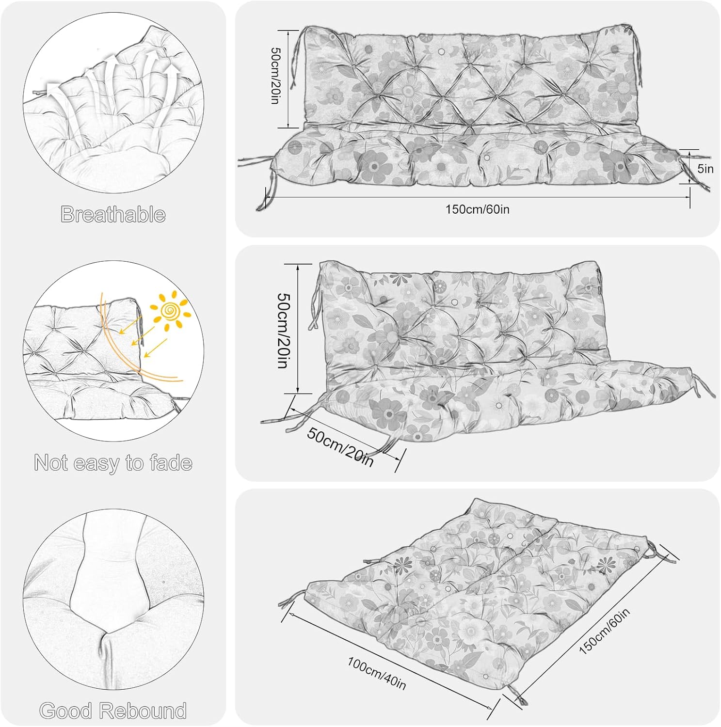 Porch Swing Cushions Outdoor 60 inch x 40 Waterproof Swing Cushions 3 Seater Replacement with Backrest & 8 Ties 5" Thick Bench Swing Cushions for Outdoor Furniture Patio(Floral Pattern)