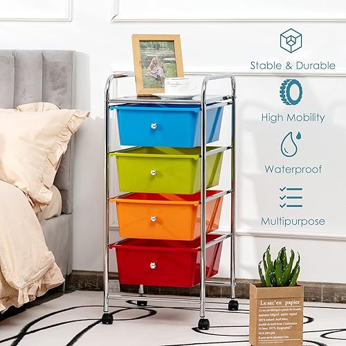 Vista 65 de GOFLAME Carrito de almacenamiento con ruedas de 4 cajones, carrito organizador móvil multiusos, carrito de utilidad para la oficina en casa