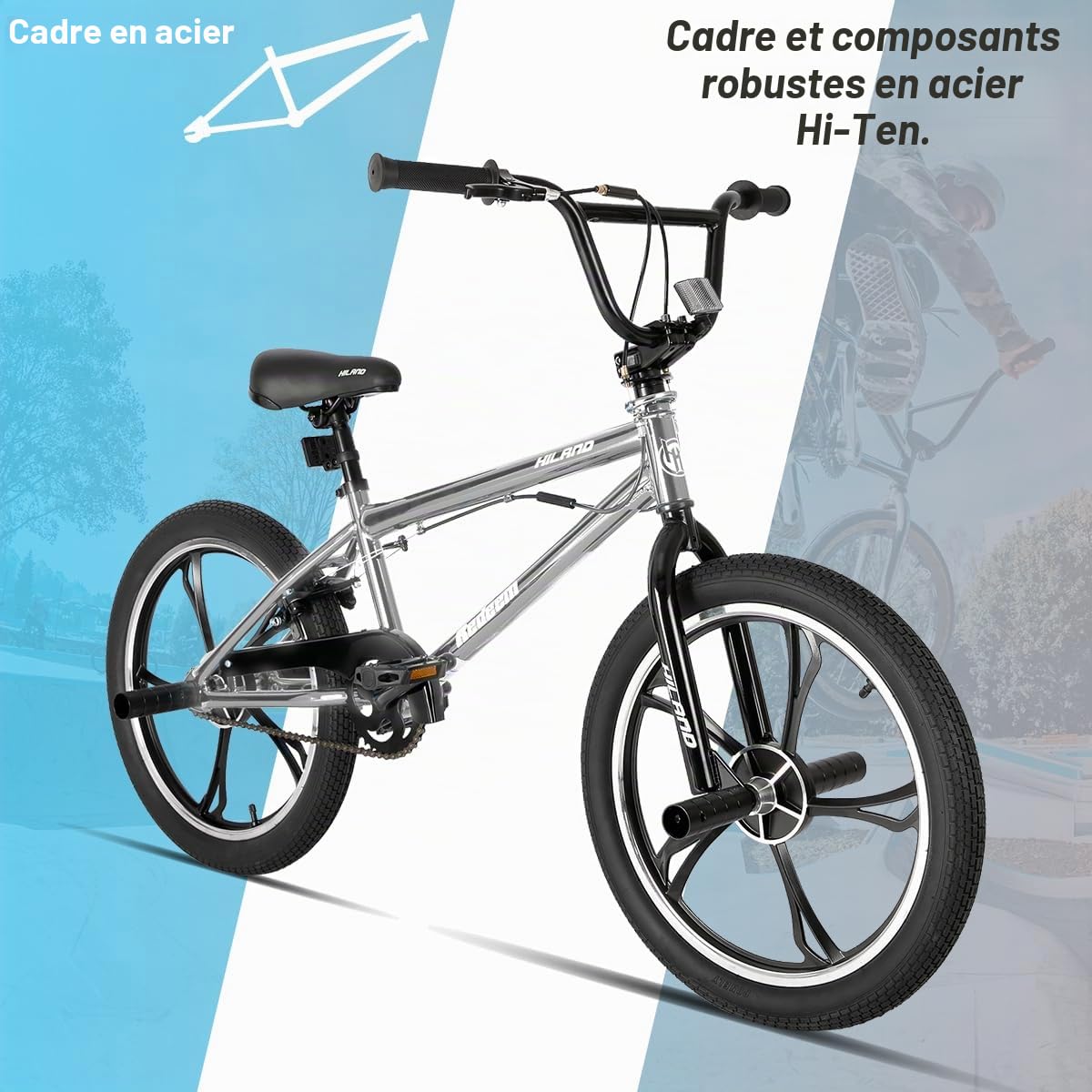 HH HILAND Vélo BMX 20 Pouces à 3 5 Rayons pour garçons et Filles à partir de 7, 8, 9, 10 Ans, Rotor Freestyle à 360 degrés, 4 pegs Single Speed Vélo BMX pour Enfant