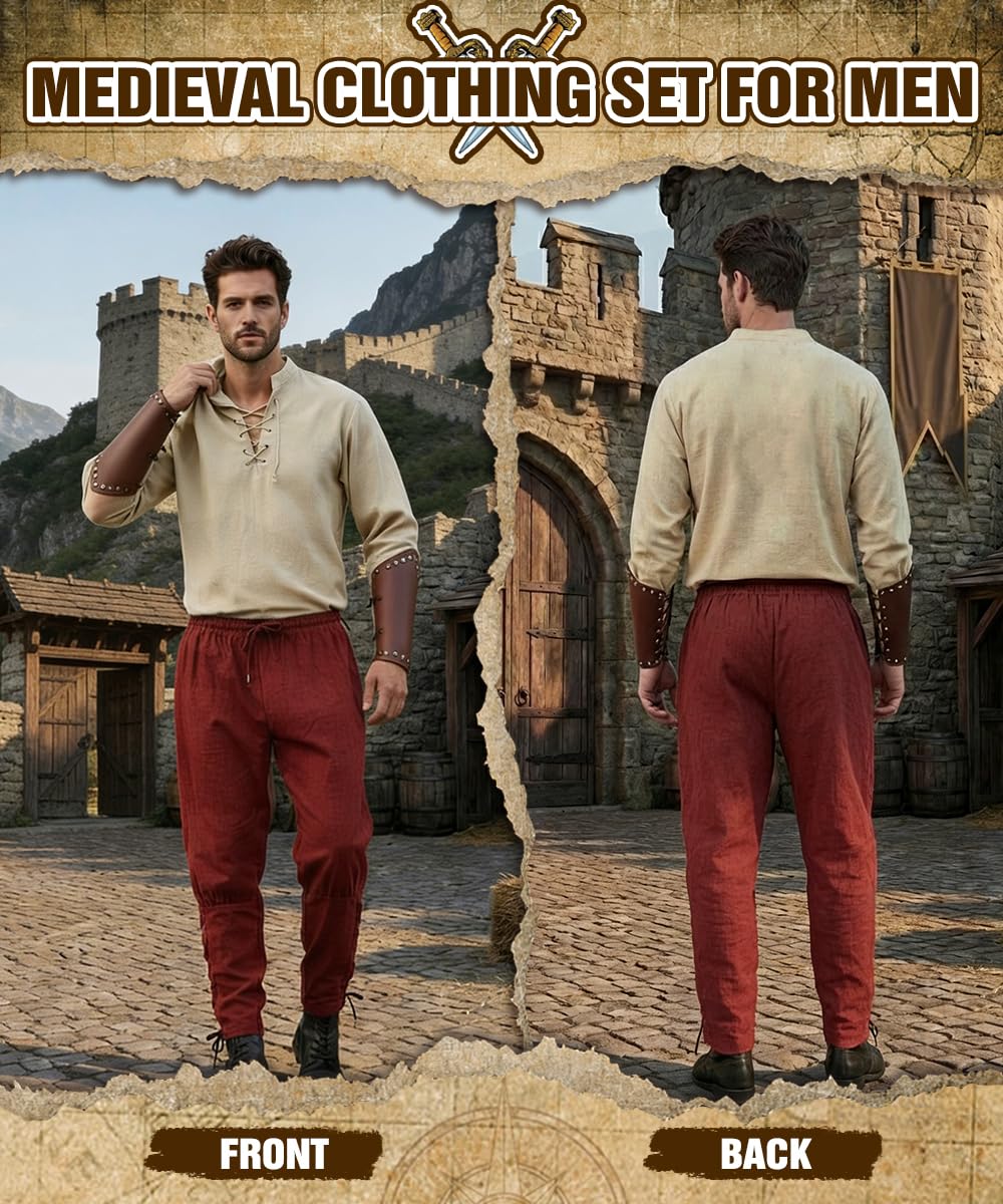 Costume Medievale Uomo, Abbigliamento Rinascimentali con Camicia Pantaloni da Pirata, Costume Carnevale Cavaliere, Regalo per Uomo, Costumi Medievale Vichingo per Halloween Cosplay