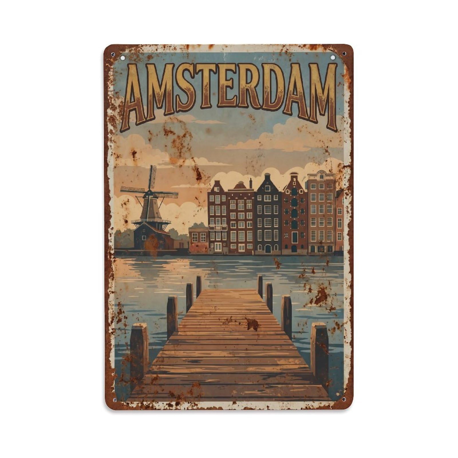 Okngb Style Wooden Jetty Vintage Waterway Amsterdam Travel Route Metal Tin Sign Plaque Wall Decor For Cafe, Man Cave, Club Bar, Office, Home Garden Round Metal Poster 8X12inch