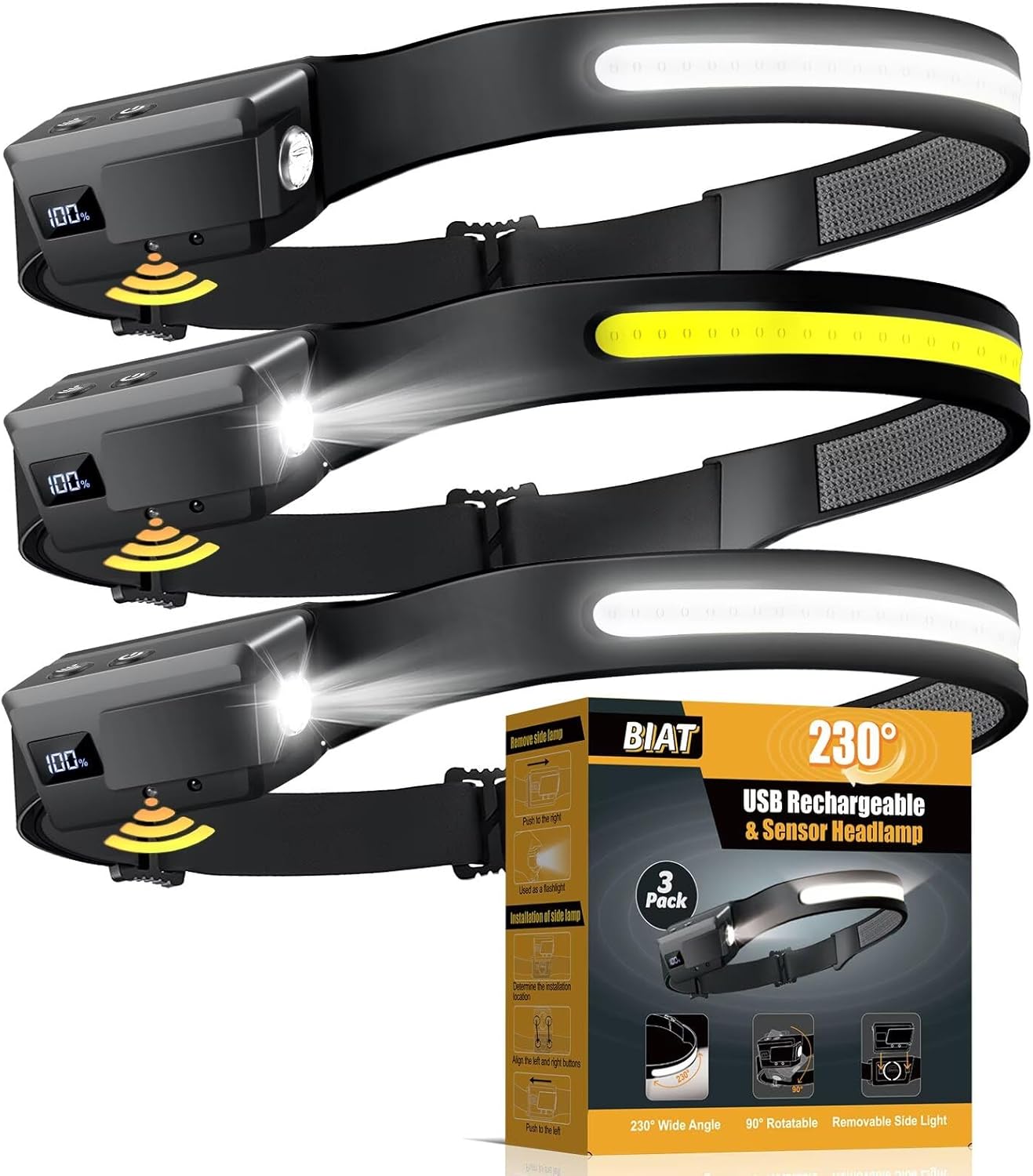 LED Headlamp Rechargeable 3PCS, 230° Wide Beam Headlight with Motion Sensor, 90° Rotation and Removable Head Lights for Forehead, 5Mode Head Lamp for Adults, Camping Essentials Gear for Hiking LED Headlamp Rechargeable 3PCS, 230° Wide Beam Headlight with Motion Sensor, 90° Rotation and Removable Head Lights for Forehead, 5Mode Head Lamp for Adults, Camping Essentials Gear for Hiking