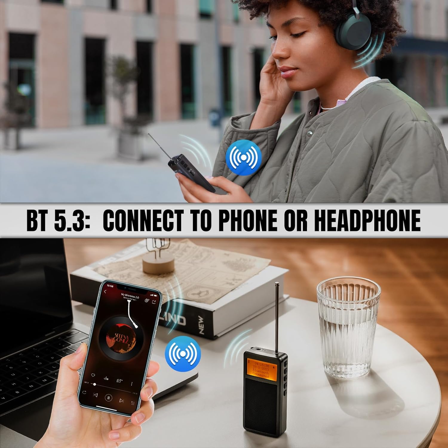 Two scenarios demonstrating Bluetooth 5.3 connectivity of the Raddy RF205. Top: A person listening to the radio via Bluetooth headphones. Bottom: The radio connected to a smartphone playing music, acting as a Bluetooth speaker.