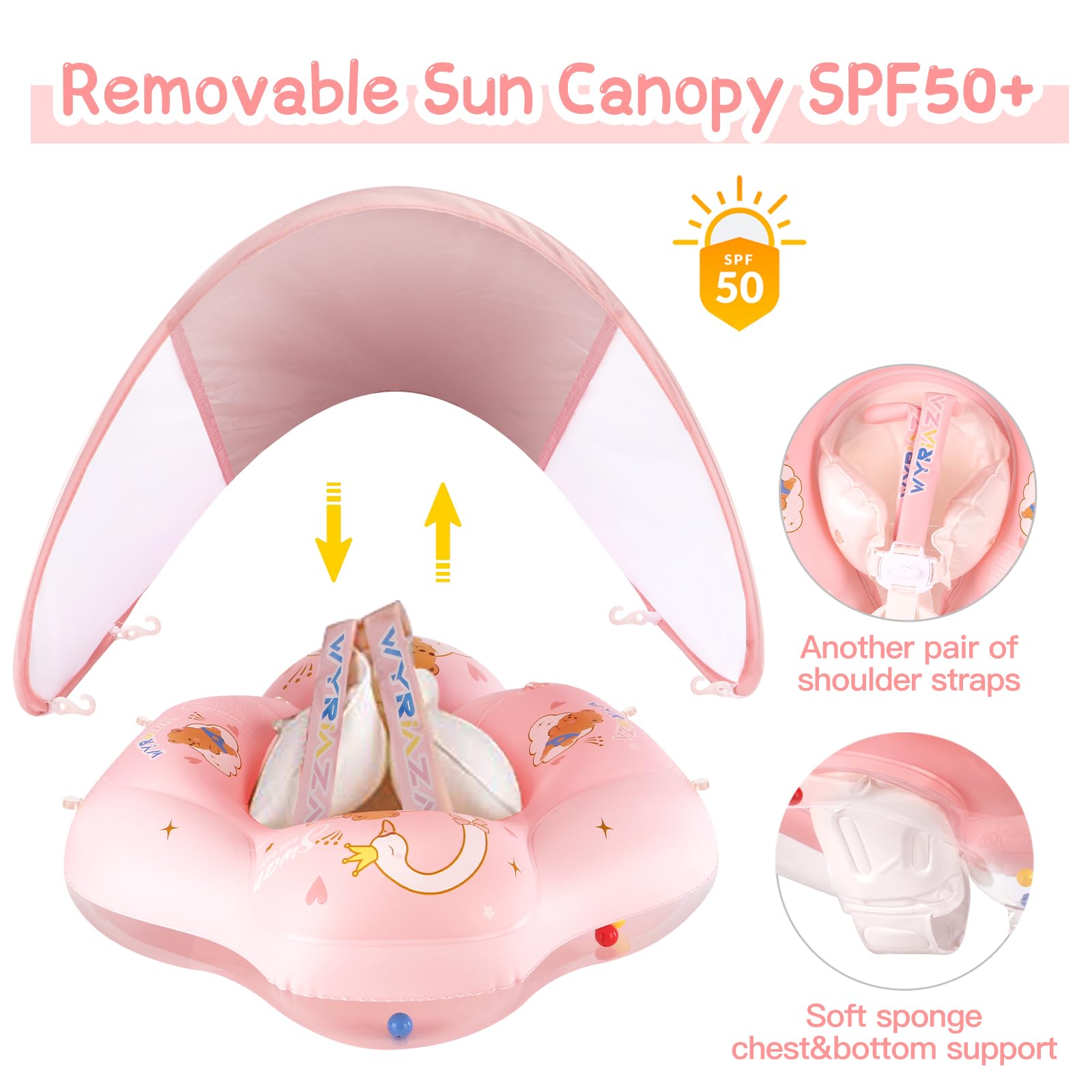 WYRIAZA Salvagente Neonato con Parasole | Ciambella Neonato Mare SPF 50+ | Salvagente 5-8Kgs Aggiornato con Sfera di Equilibrio per Evitare Il Ribaltamento (S 3-12 Mesi)