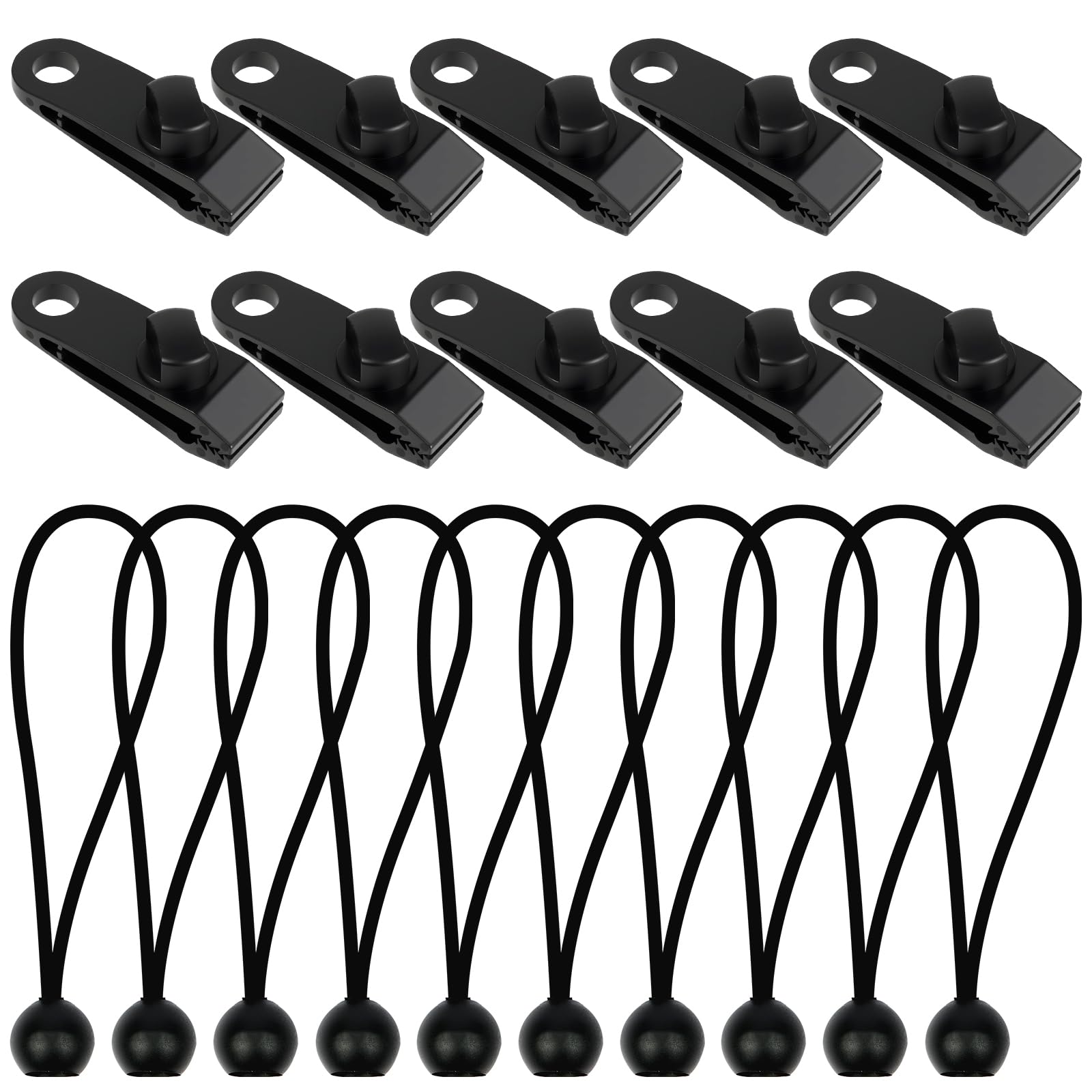 HOTUT Tarp Clip Clamp, 10 Pcs Heavy Duty Tarpaulin Clips with 10 Pcs Ball Bungee Cords, Tent Clips Set Tarp Clamps for Fixing Tents, Tarps, Awnings, Tarpaulin, Outdoor Camping, Caravan Canopies