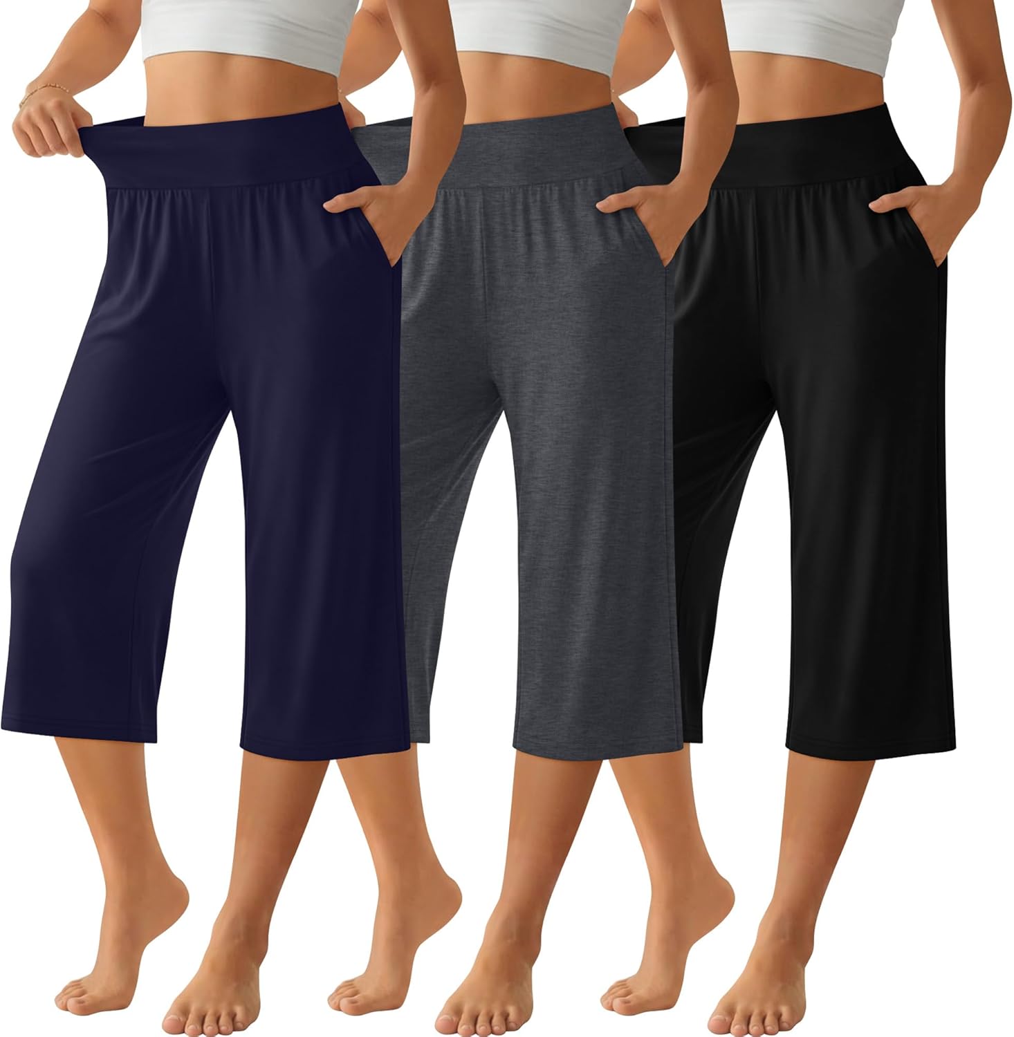 Neer 3 Pack Women Capri Pants, Wide Leg High Waist Crop Lounge Sweatpants Summer Casual Workout Pants with Pocket