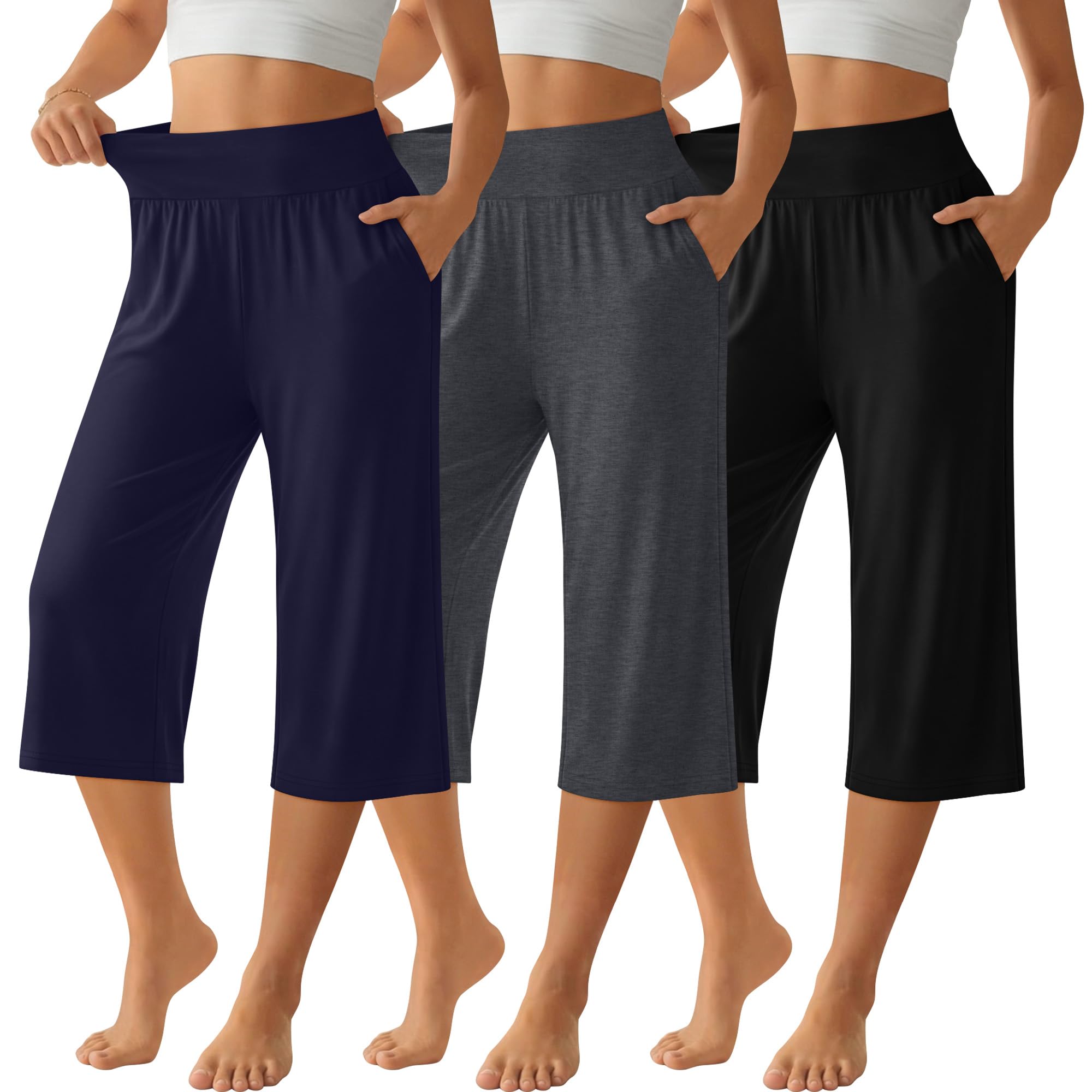 Neer Lot de 3 Pantalons Capri pour Femme - Jambes Larges - Taille Haute - Pantalon Court de Loisirs avec Poche