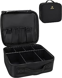 Relavel Makeup Bag, Makeup Organizer Bag Travel Train Case Portable Cosmetic Artist Storage Bag with Adjustable Baffle for Makeup Brush Jewelry (Black)