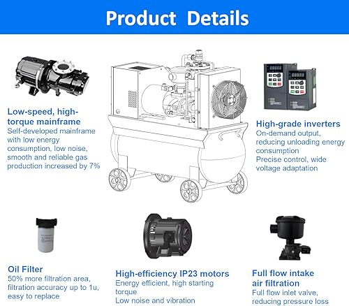 Miniatura 3 de Compresor de aire de tornillo rotatorio de frecuencia de velocidad variable de 10HP/7.5kw con tanque de 30 galones