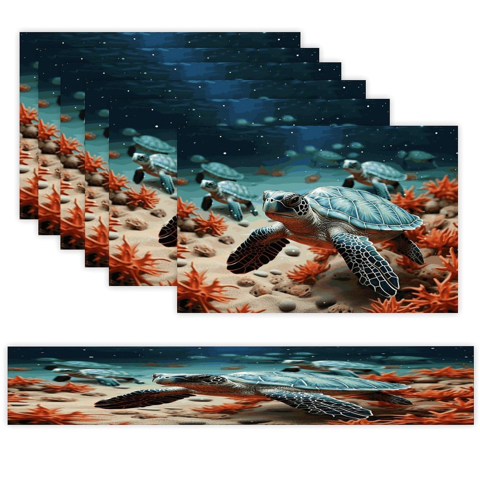 Turtle Starfish Table Runner and Placemats Set of 6 Wipe Clean Heat Resistant Table Mat with Table Runner Decorations Flax Linen Place Mat Set for Home Kitchen Party Supplies