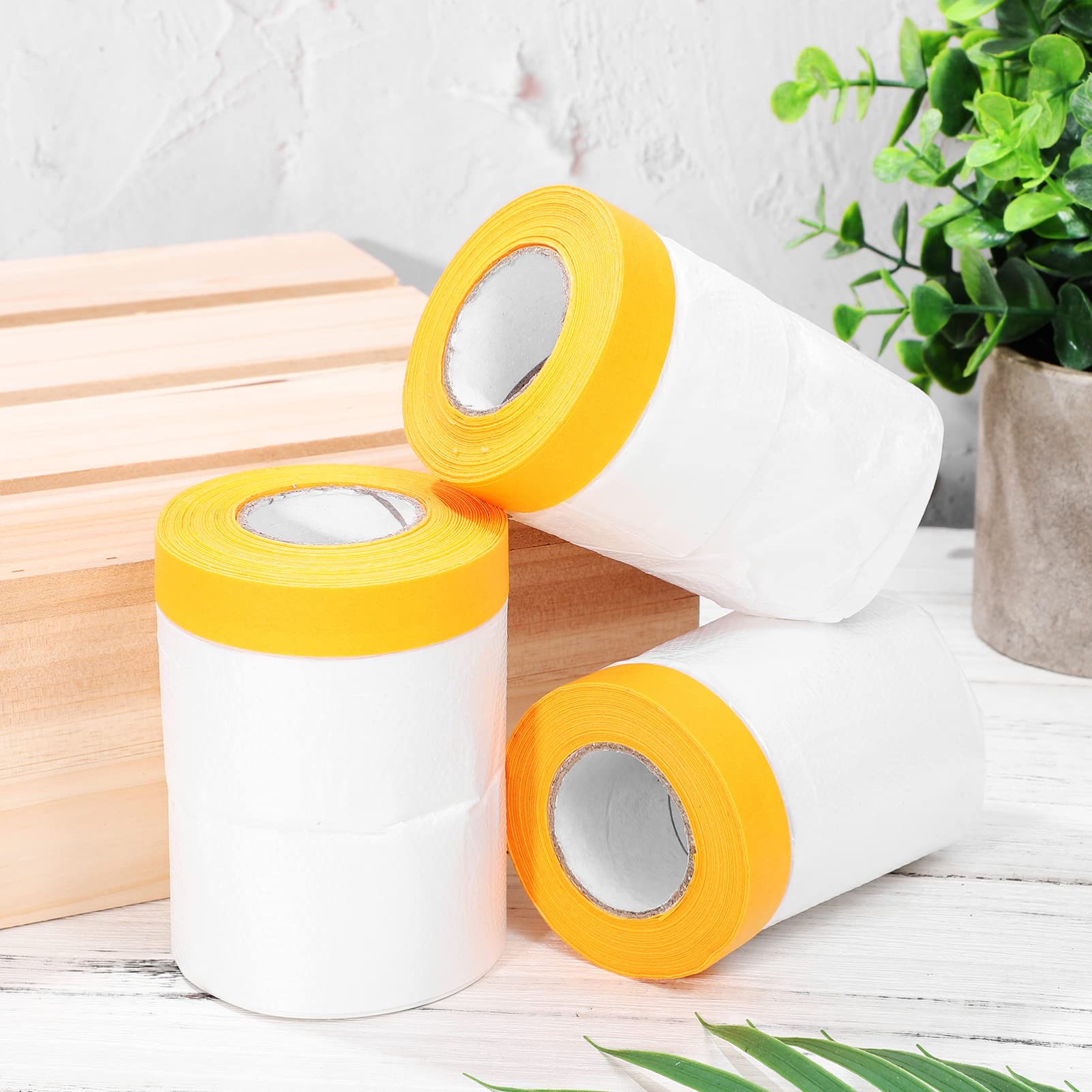 Abaodam Selbstklebendes Abdeckfolienband aus Maskierpapier und Pe Folie 6 Rollen zum Schutz von Böden und Wandbildern bei Renovierungen im Haushalt