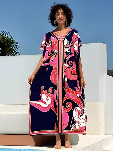 Miniatura 6 de Cashew Flower Silk Caftan Women Vneck beach Cover up Caftans Loose Plus Size Floral Print Side Split Kaftan Dresses