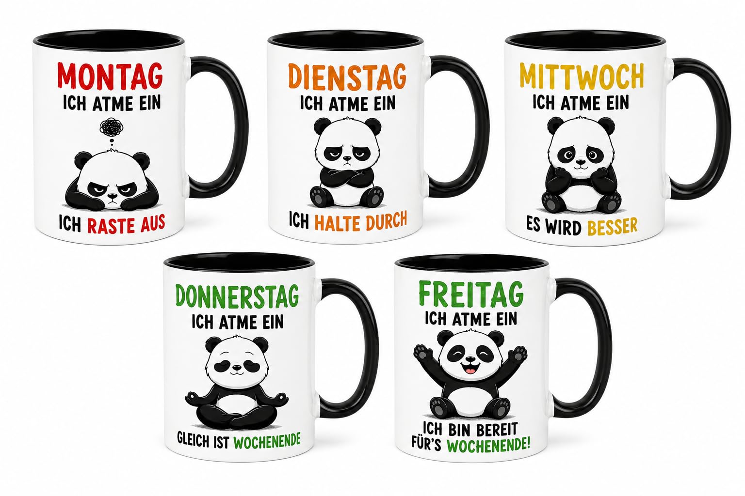Lustige Tassen Set 5er – Büro Geschenk für Kollegen – Kaffeetassen mit Spruch Montag bis Freitag – Humor Kaffee Becher Set – Panda