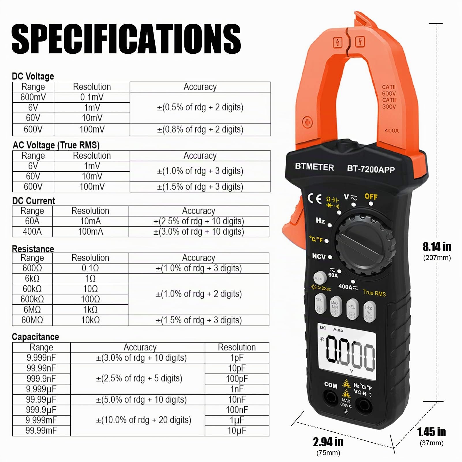 BTMETER BT-7200APP TRMS 6000 conteggi Multimetro a pinza, Amperometro a pinza digitale Bluetooth per corrente alternata/CC Tensione Resistenza Condensatore Frequenza Continuità Temperatura NCV