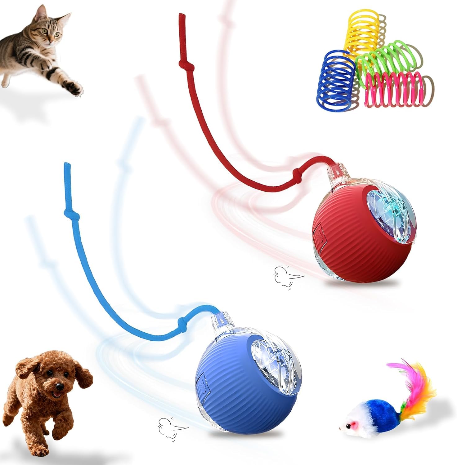 Lot de 2 balles interactives pour chat, rotation automatique à 360°, évite les obstacles, comprend 4 ressorts en spirale pour chat et 1 souris jouet pour chat à fourrure, idéal pour les chats