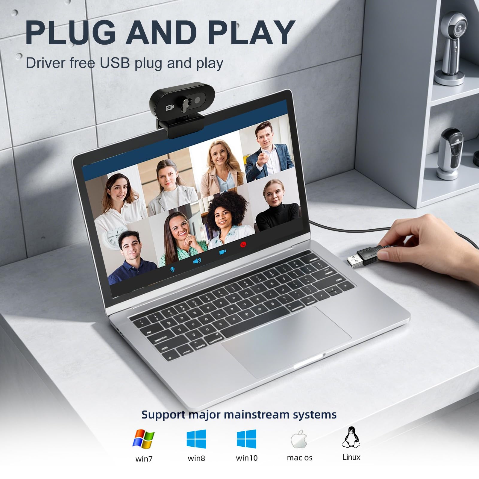 Webcam 1080P Full HD con Microfono, Auto Focus e Copertura Privacy, Fotocamera PC USB Plug & Play, Angolo di visualizzazione 75°, per Linux, Win10/8/7, Mac, Streaming