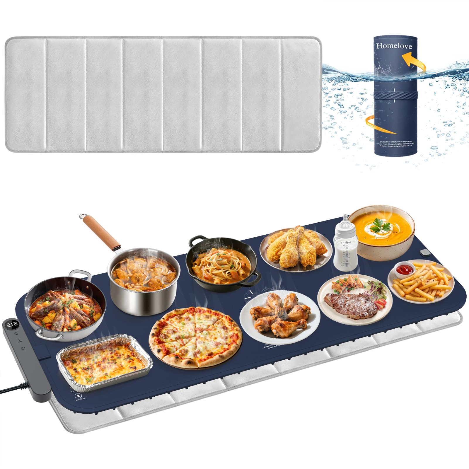 Homelove Warming Mat for Food - Electric Warming Tray with 7-Level Temp Settings &amp; 6 Hours Timer, Full Surface Graphene Heating, Waterproof Dishwasher-Friendly Food Warmer for Parties, Kitchen (Navy)