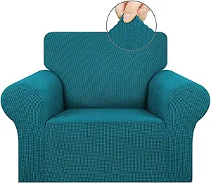 KEKUOU Stretch Single Sofa Slipcover 1 Piece Couch Sofa Cover (31"-55") Furniture Protector 1 Seater Sofa with Elastic Bottom for Kids,Pet.Jacquard Small Checked Pattern Fabric(Small,Peacock Blue)