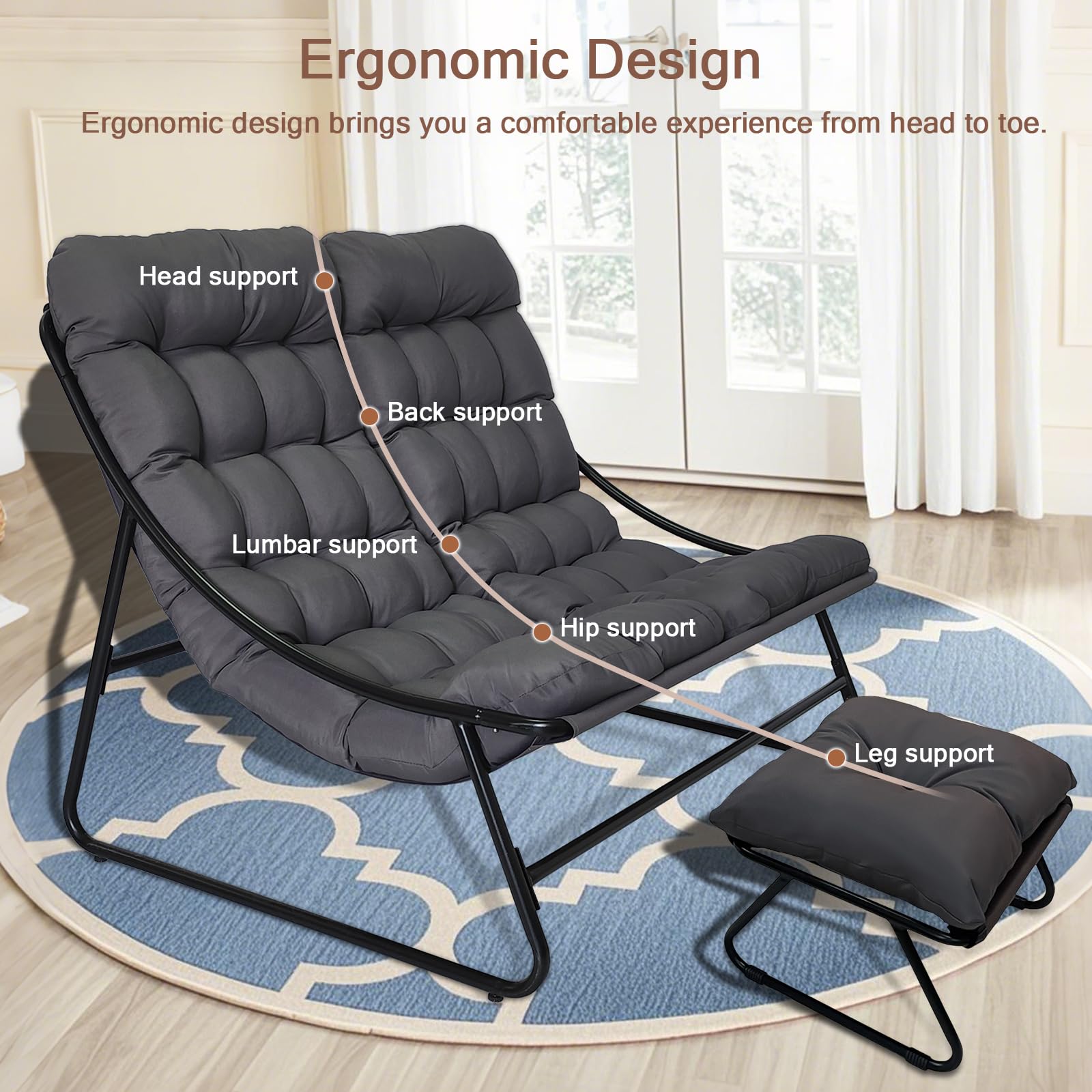 Sillón de salón para exteriores, sillón doble para exteriores, con cojín de 8 cm extraíble, tumbona de jardín para 2 personas, sillón de relax para jardín, terraza (negro/con 2 taburetes)