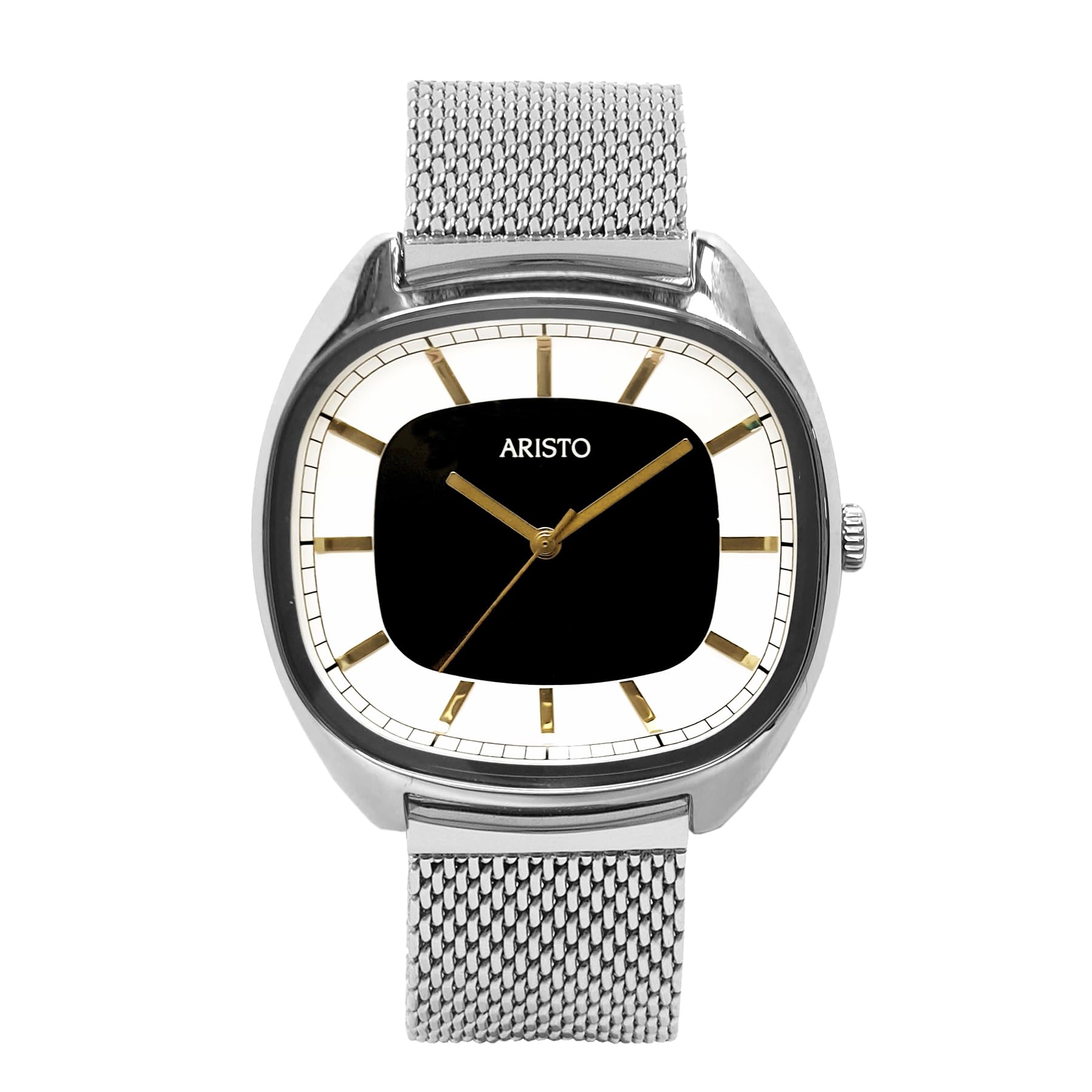 Aristo Orologio da polso unisex al quarzo, cinturino in maglia milanese e quadrante in acciaio inox nero lucido con frontale in vetro minerale, Made in Germany