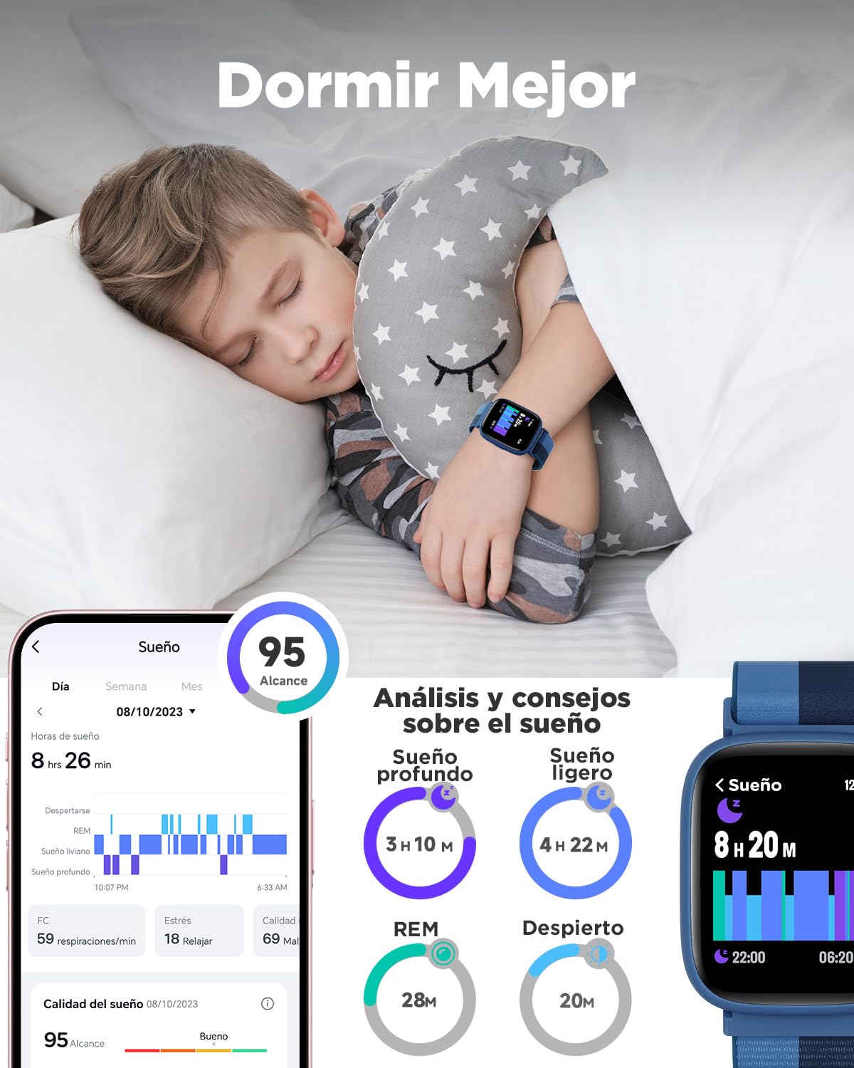 BIGGERFIVE Pulsera Actividad Niños Niñas 5-16, 1,8" Reloj Inteligente Podómetro, Frecuencia Cardíaca, Resistente al Agua IP68, Monitor de Sueño, Despertador, Juegos de Rompecabezas con/sin App, Nylon