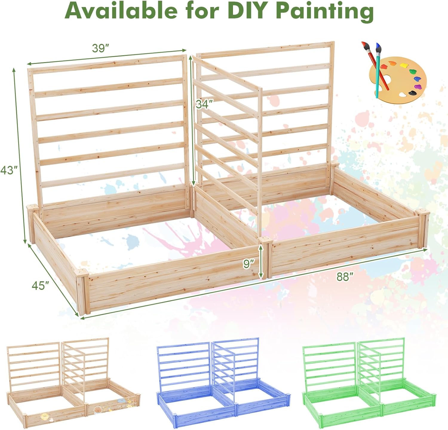 DREAMADE Raised Garden Bed with 3 Trellises, 2 Large Wooden Planter Boxes with Trellis for Vine Climbing Plants Flowers, Modular Design for Outdoor Garden Patio Backyard, 88"L x 45"W x 43"H, Natural