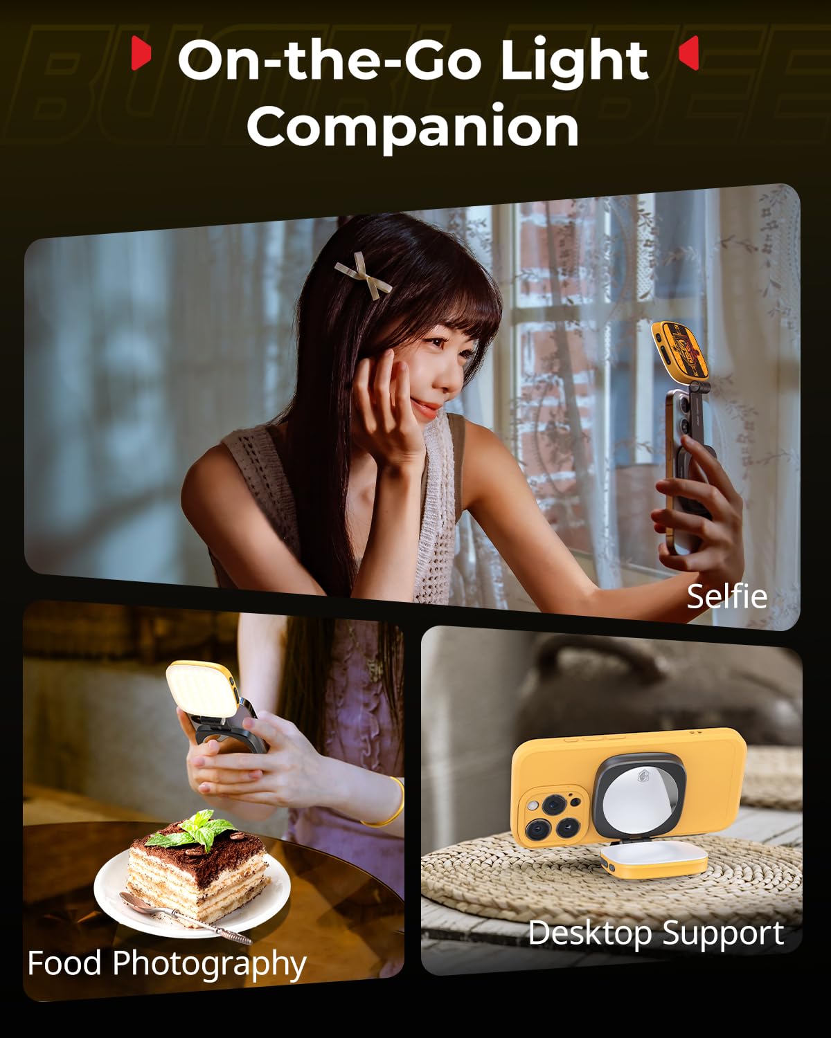 SMALLRIG Magnetyczna lampa do selfie do iPhone'a, lampa do telefonu z lusterkiem, natychmiastowe mocowanie do MagSafe, do selfie, wideokonferencji, Vibe P48 BumbleBee Edition - 5513