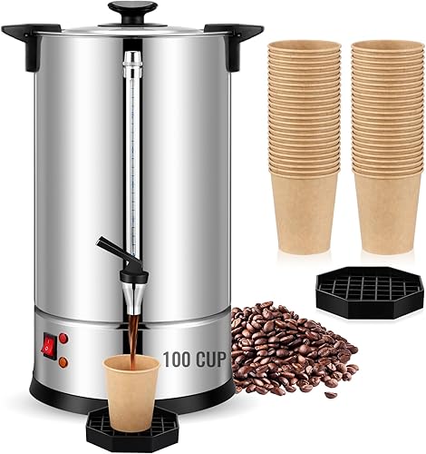 VIHOSE Cafetera comercial eléctrica de acero inoxidable con tazas de papel de 5 onzas y bandejas de goteo de café, dispensador de café grande para