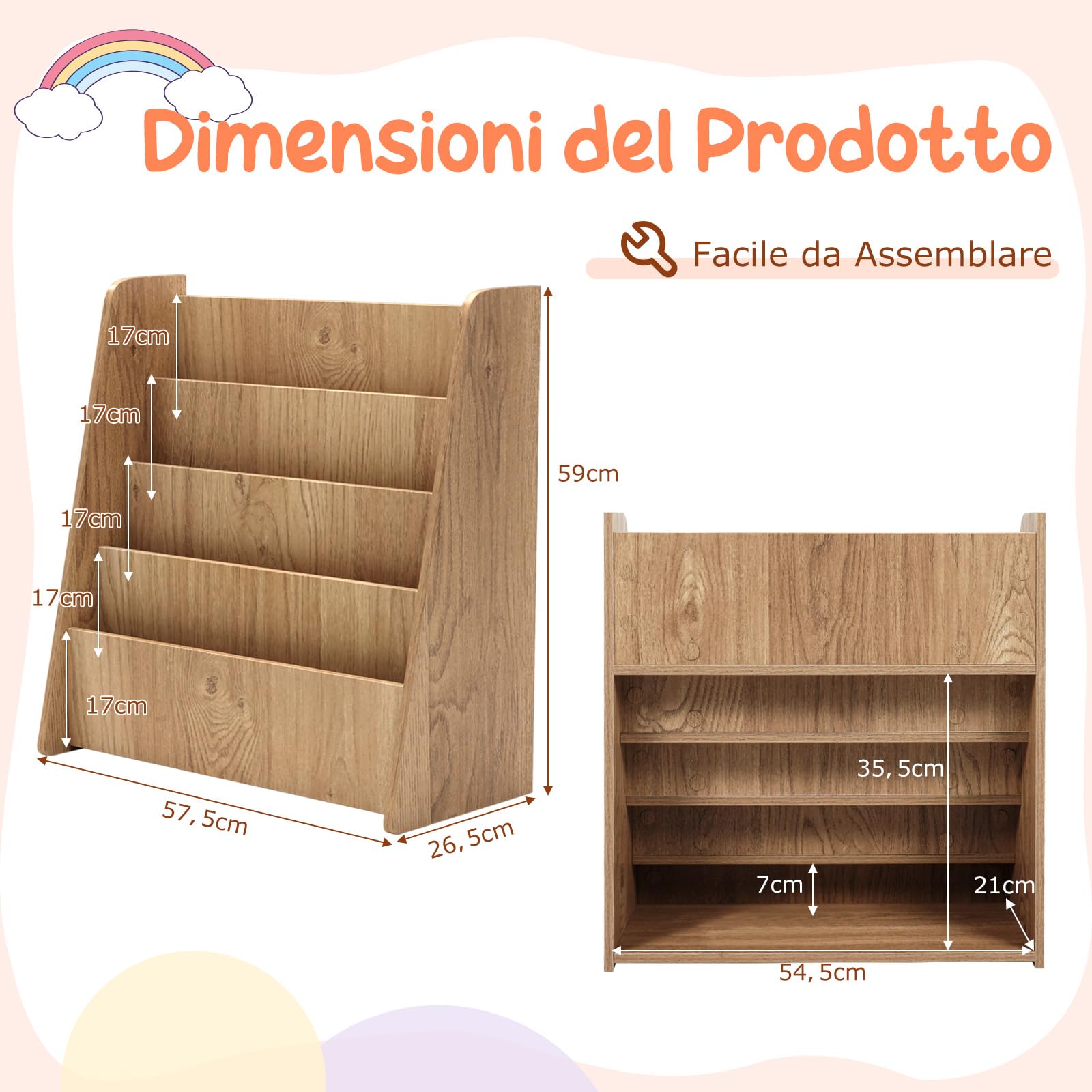 RELAX4LIFE Libreria Montessoriana per Bambini, Libreria in Legno a 4 Ripiani, Carico 40KG, Portariviste da Terra, Mobiletto Porta Libri per Cameretta e Asilo Nido (Naturale, 57,5x26,5x59 cm)