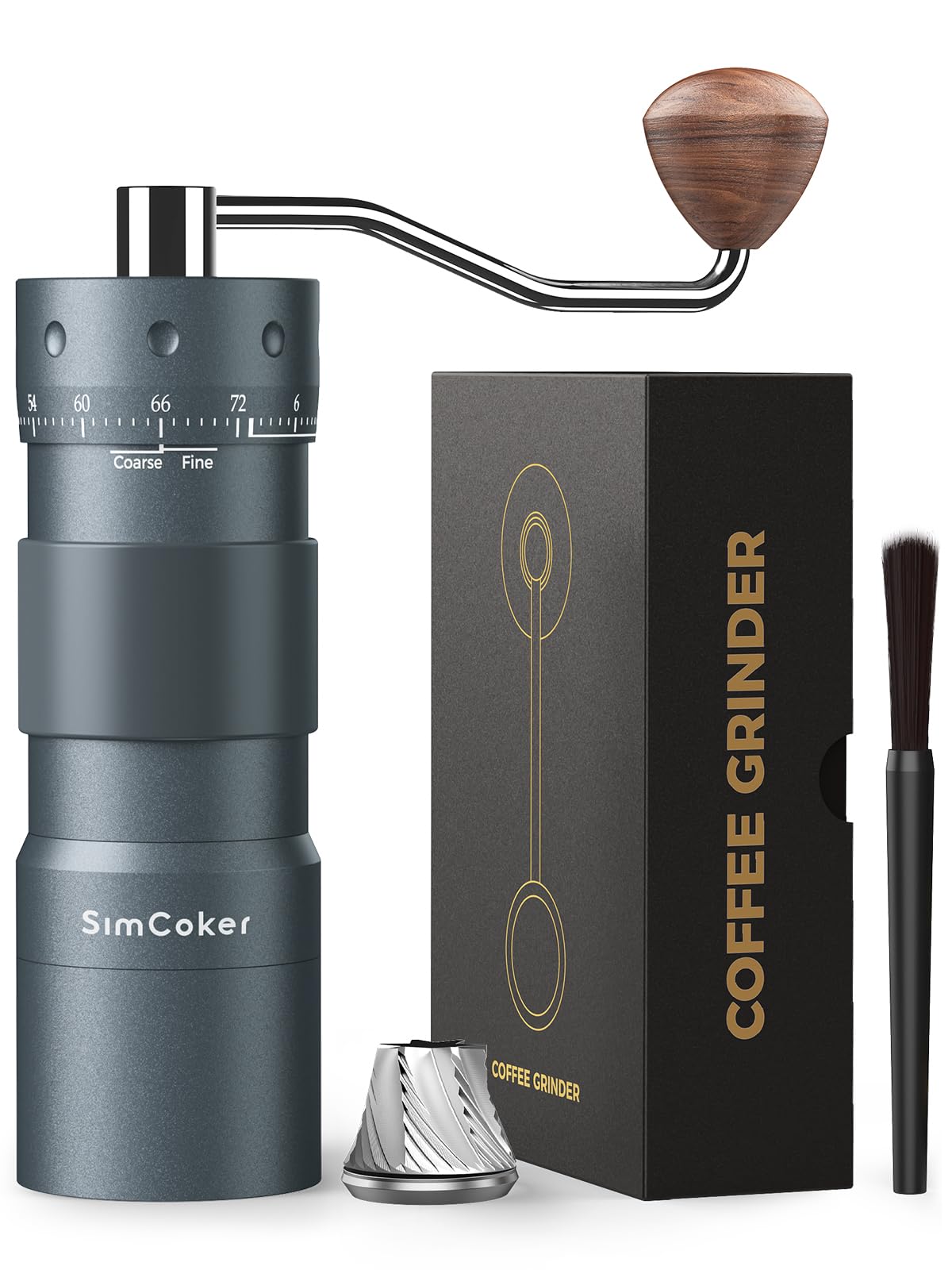 Manuelle Kaffeemühle mit 16μm externer Mahlgradeinstellung, Präzisionsmühle für Espresso & Pour Over, CNC Edelstahl-Kegelmahlwerk, Aluminiumgehäuse, Bohrmaschinen-kompatibel, Grau