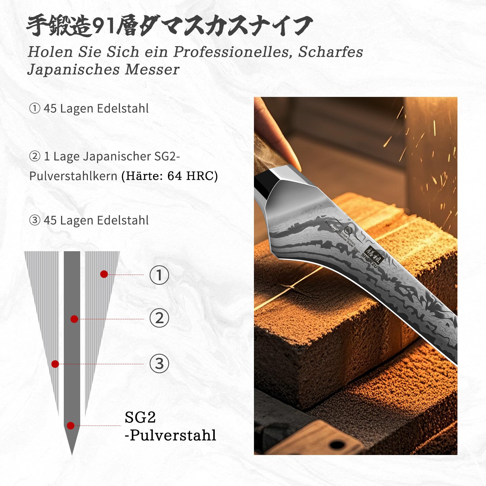 SHAN ZU Damast Filetiermesser, Japanisches Ausbeinmesser aus SG2-Pulverstahl, Handgeschmiedetes 18cm Fisch Filiermesser aus 91 Schichten Damaststahl, Ergonomischer Ahorngriff – WHITE TIGER Series