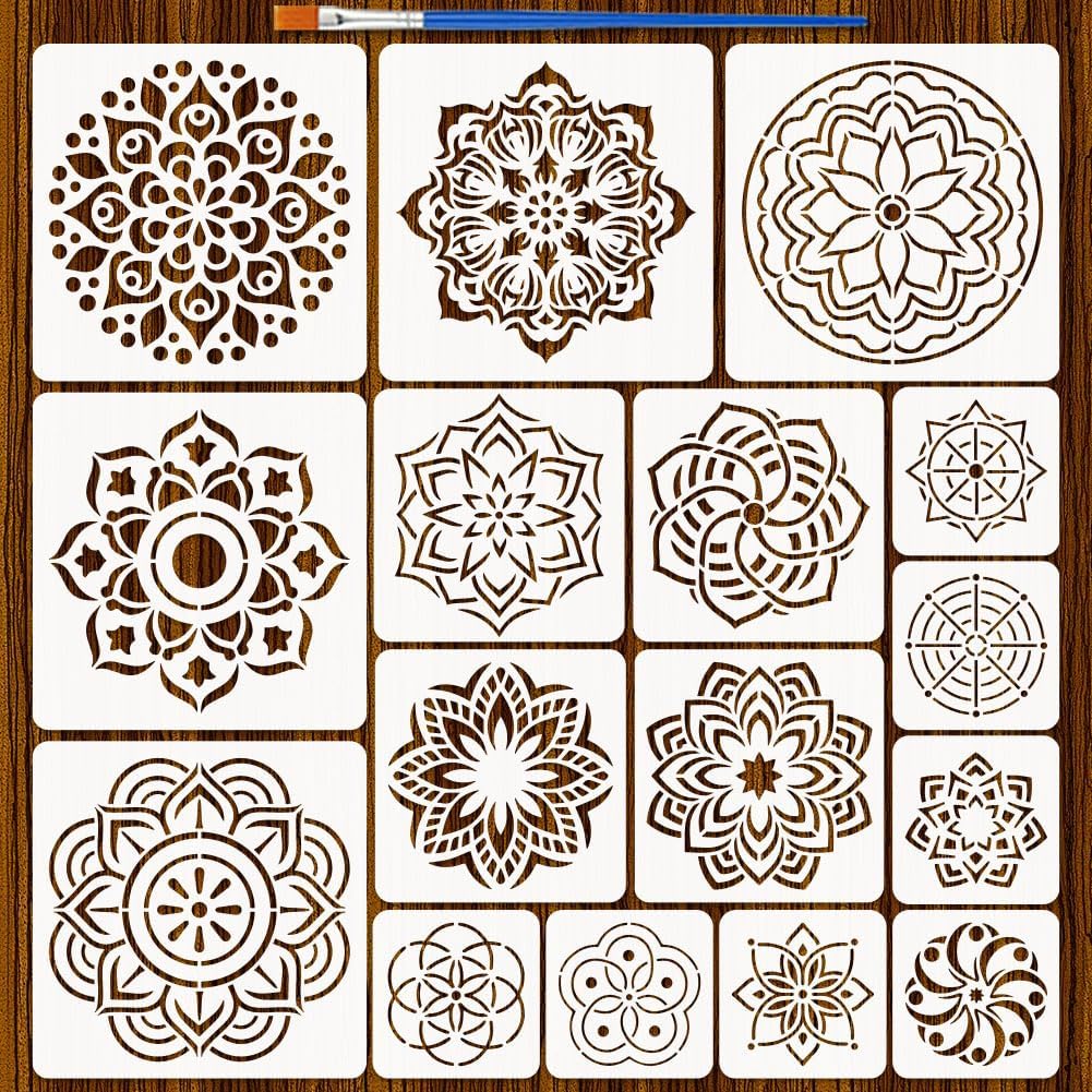 FINGERINSPIRE 16PCS Mandala Dots Painting Stencils with 1Pc Plastic Brush 7.87/5.9/3.9inch Flower Mandala Pattern Stencils for Painting on Wood Wall Fabric Furniture DIY Home Decoration