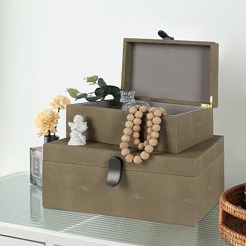 Miniatura 6 de Elegante juego de 3 cajas decorativas de Shagreen verde con forro de terciopelo y asas marrones, decoración versátil para el hogar y organizador de