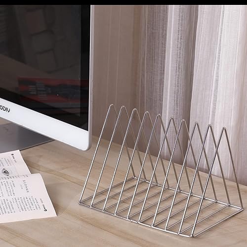 Miniatura 5 de Sooyee Paquete de 2 revistas plateadas de 9 ranuras, organizador clasificador de archivos de escritorio, decoración de estantería triangular,