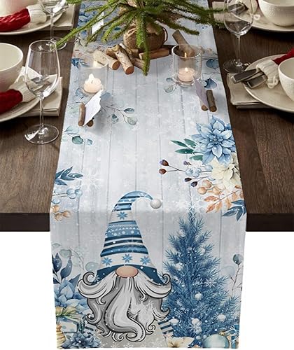 Camino de mesa de Navidad, algodón y lino, bufandas de tocador de vacaciones de 36 pulgadas, gnomos de eucalipto azul retro, diseño de copos de
