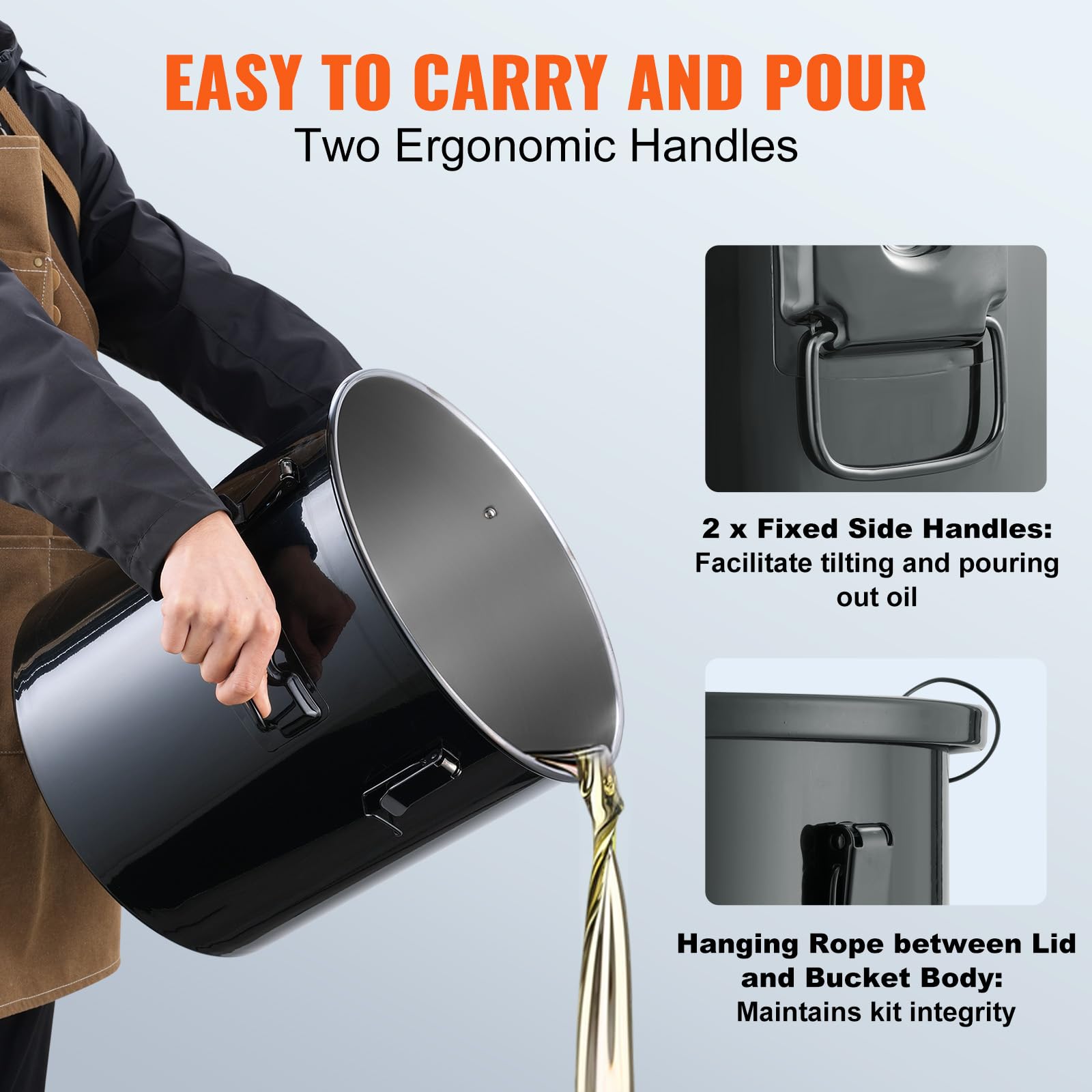 VEVOR Secchio per Grasso per Friggitrice, Contenitore per Smaltimento Olio da 10 Gal Acciaio Inox, Contenitore per Trasporto Olio con Coperchio, Clip di Chiusura, Nero