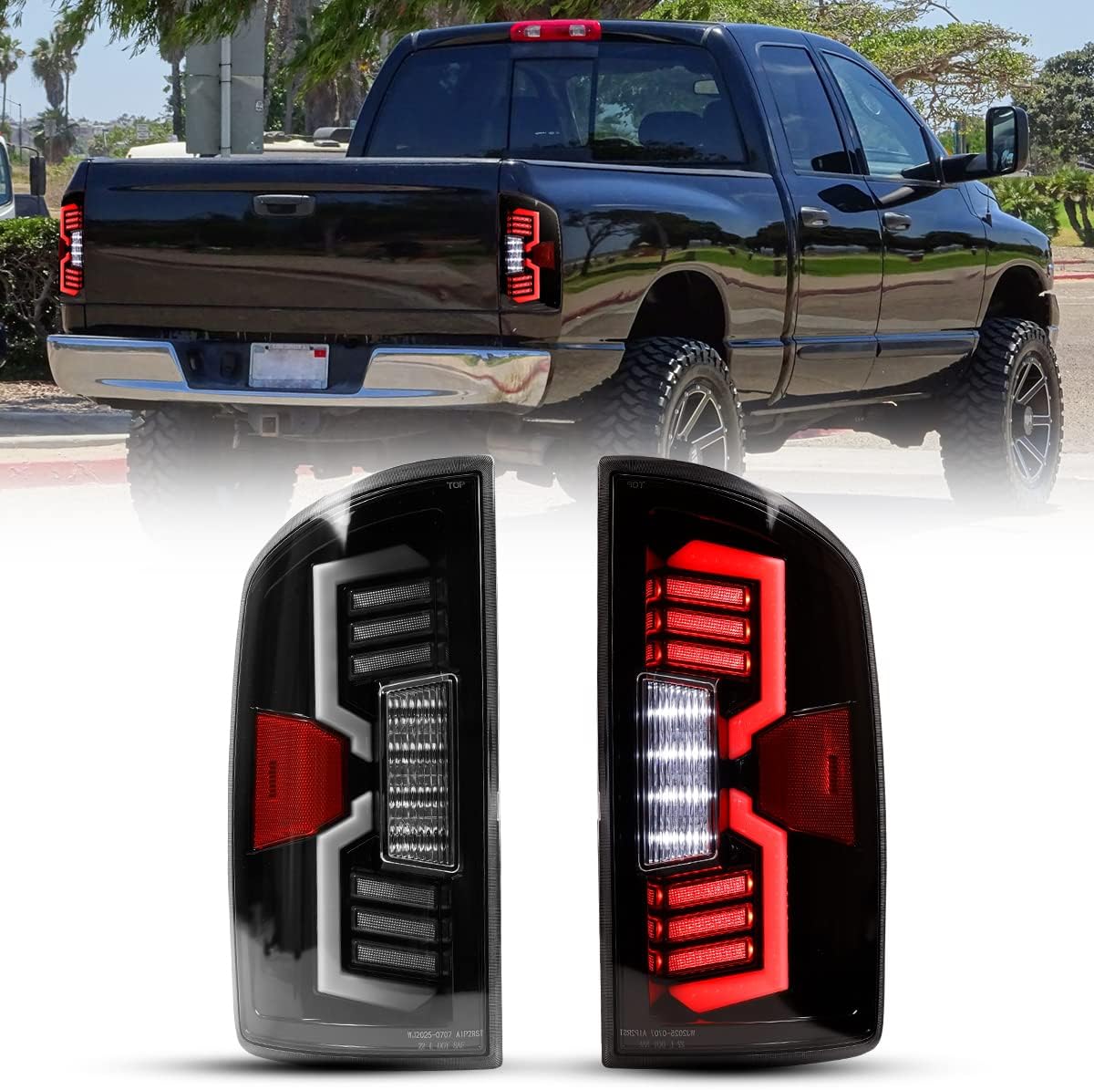 CPW Tail Lights Assembly Compatible with 2002-2006 Dodge Ram 1500 Pickup 2003-2006 Dodge Ram 2500/3500 pickup LED DRL Sequential Turn Signal Lights Rear Lamps - Gloss Black/Clear
