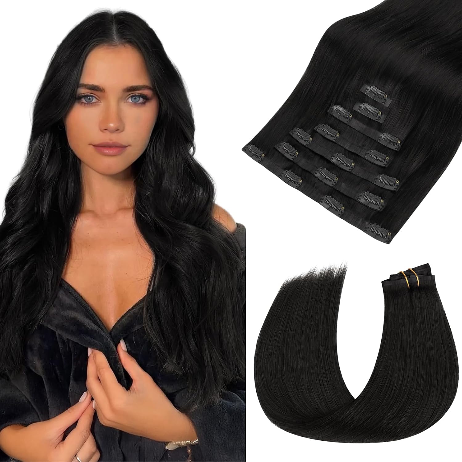 hotbanana Extension Capelli Veri Clip Senza Cucitura, Nero Naturale Extension Capelli Clip Veri Invisibile PU Seamless Remy Umani Naturali Capelli Extensions 115g 35cm 7pcs