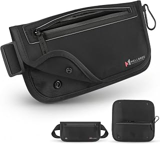 RFID Geldgürtel Bauchtasche Damen Herren, ultraflache Hüfttasche aus wasserdichtem Lycra, geräumig für Handy, Reisepass und Karten, Verstellbarer Gurt, ideal für Pendeln, Sport（Schwarz）