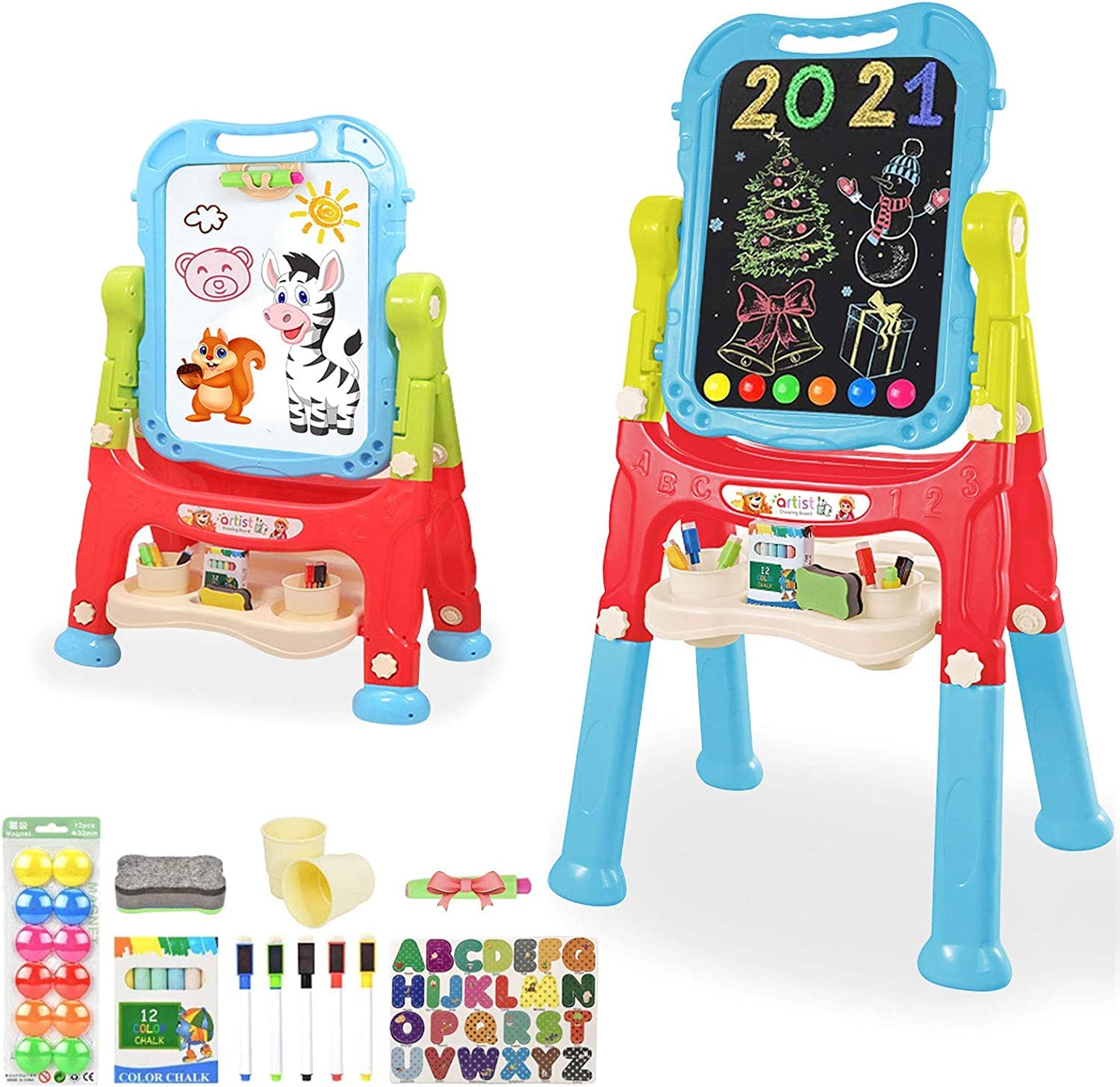 Westhood Children's drawing board Toys, rotating double-sided magnetic blackboard easel, adjustable standing art easel with painting accessories suitable for toddlers boys and girls - blue