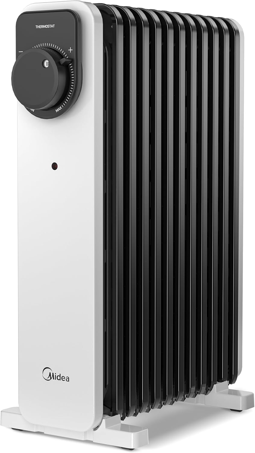 Midea Oil Filled Radiator, 2300W, 11-Fin Portable Electric Heater with Knob Controls, Adjustable Thermostat, 3 Heat Settings, Tip-Over & Overheat Protection, UltraQuiet Operation for Office & Home Use