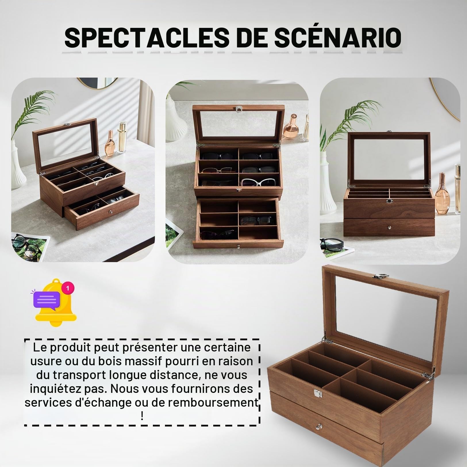 Boîte à Lunettes en Bois,12 Compartiments Rangement pour Lunettes et Lunettes de Soleil Couvercle en Verre Deux Couche Étui Lunettes Écrin à Accessoires 2 Niveaux Coffre de Rangement