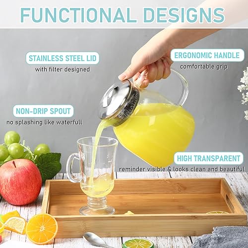 Miniatura 5 de Dandat 2 jarras de vidrio con tapa y boquilla, jarra de agua de vidrio con asa para agua fría caliente, té helado, jugo de café, cepillo de limpieza